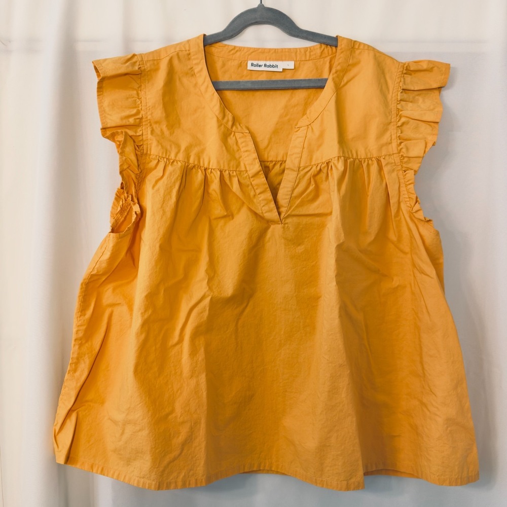 Roller Rabbit L Mustard Yellow Ruffle Sleeve Cotton Cottagecore Boho Blouse Top